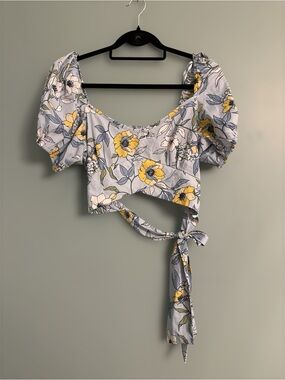 Floral Puff-Sleeve Wrap Crop Top - Blue & Yellow